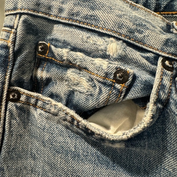 ASKK NY Light Blue Straight Leg Jeans distressed hem. Button fly. Low rise. - Picture 4 of 6